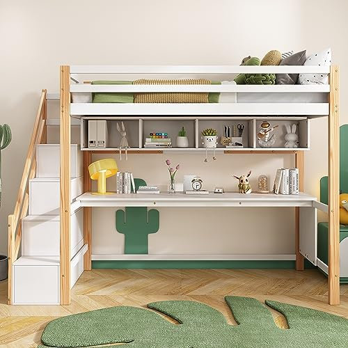 Idemon Cama alta para niños con escritorio y espacio de almacenamiento (madera maciza, blanco y roble, sin colchón), cama infantil ecológica con estantes y escalera antideslizante, segura, estable y