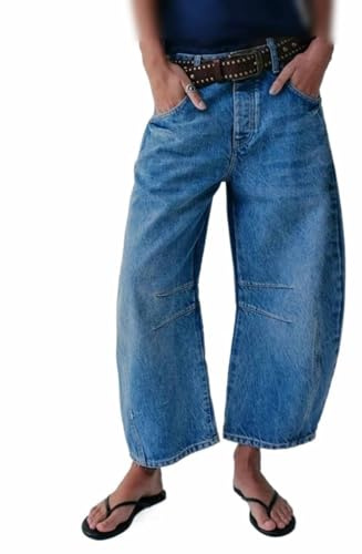 Barrel Jeans Women, Vintage Baggy Wide Leg Jeans Baggy Boyfriend Jeans Mid Rise Wide Leg Barrel Denim Ankel Byxor (Color : Blue, Size : L)