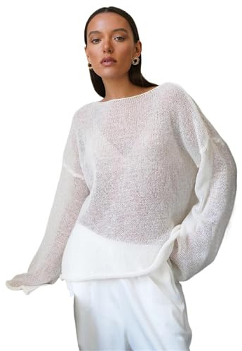 NAMLAY Pull d'été ample pour femme - Manches longues - En maille transparente - Pour les vacances