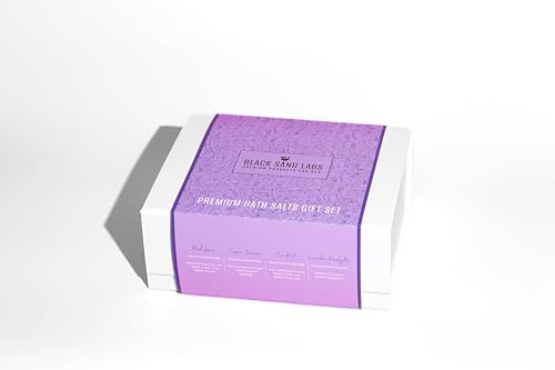 Black Sand Labs Coffret cadeau de sels de bain pour elle – Mer Morte, rose de l'Himalaya et sel d'Epsom (coffret cadeau – 4 x 100 g – Amour floral, lavande eucalyptus, terrasse d'été, brume marine)