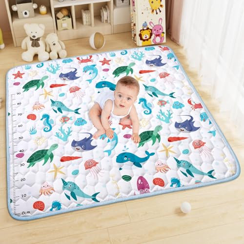 Aolso Baby Play Mat, Foldable Kids Playmat, Baby Play Mats for Floor, 127x127cm Soft Waterproof Play Mat, Baby Activity Play Mat for for Bedroom, Nursery & Playroom, Outdoor & Indoor Mat, Ocean