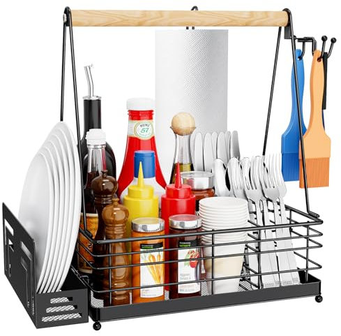 JBBTOOL Grill Caddy, BBQ Caddy for Outdoor Grill with Paper Towel Holder, Picnic Condiment Utensil Storage, Camping Essentials, RV, Tailgating Essentials, Grilling Accessories, Gifts for Men