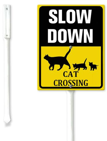 Soliyoahee - Cartello da cortile con pali con motivo gatto, 20 x 30 cm, in robusto alluminio, decorazione per esterni, rallenta, per prato, cortile, giardino, facile da installare