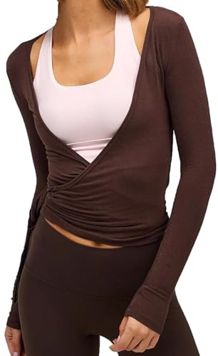 Y2k Ballet Wrap Top Manga Larga Cuello en V Profundo Slim Fit Yoga Pilates Ballet Entrenamiento Tops Sexy Opaco Suave Vendaje Camisa Monocolor Blusa Envolvente Ropa de Danza Ropa de Baile, B01 Café, L