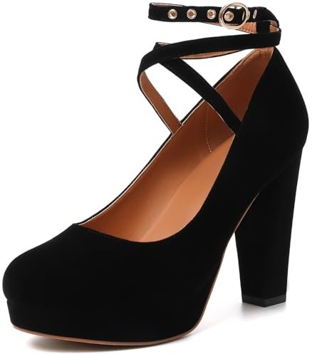 Mostrin Black Chunky High Heels for Women Sexy Closed Toe Platform Pumps with Buckle Strap Mary Jane Dress Shoes for Formal Prom Party Size 8
