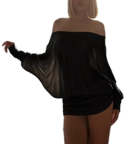 CupitiDU - Miniabito con scollo a spalla, in maglia arricciata, casual, elegante, a vestaglia, a maniche lunghe, aderente, a pipistrello, nero, L