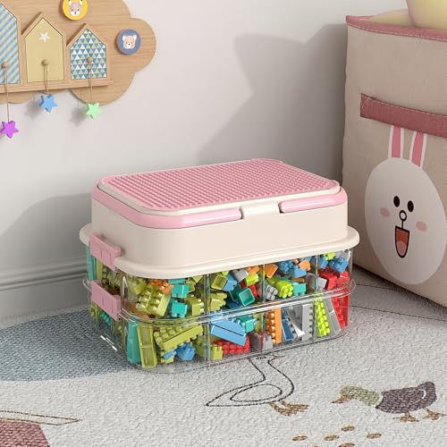 joyingbaby Toy Storage Organizer Box with Handle, Stackable Building Block Toy Box with Building Plate Lid & Removable Sorting Trays, Cubby Bins and Containers 2 Layer (Pink)