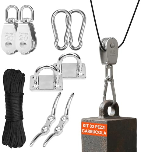 Remskiva i rostfritt stål - 360° roterande remskiva med 20 meter rep - inkluderar karbinhakar, krokar och fästen - lastlyftare, hängmattor och markiser - rostbeständig
