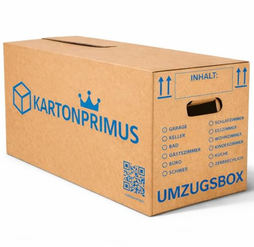 Kartonprimus 20 Umzugskartons 620x300x330 mm zweiwellig – stabiler Karton bis 40 kg –verstärkte Griffe – stapelbar Umzugskiste Umzugkarton Umzugsbox Lagerkarton Bücherkarton Ordnerkarton (20 Stück)