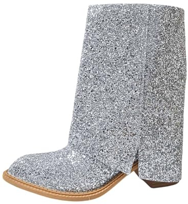 Generisch Women's Boots - Slouchy Wide Shaft Boots Cowboy High Comfortable Pointed Toe Platform Heel Long Shaft Knee High Winter Warm Comfort Dressy Ankle Boots Casual Ankle Boots, silver, 6 UK