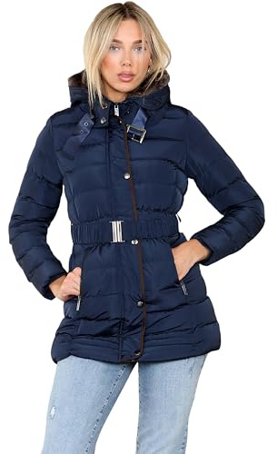 kraftd Women Winter Puffer Jacket Hooded Belted Quilted Short Coat Faux Fur Warm Ladies Parka Womens Winter Outerwear