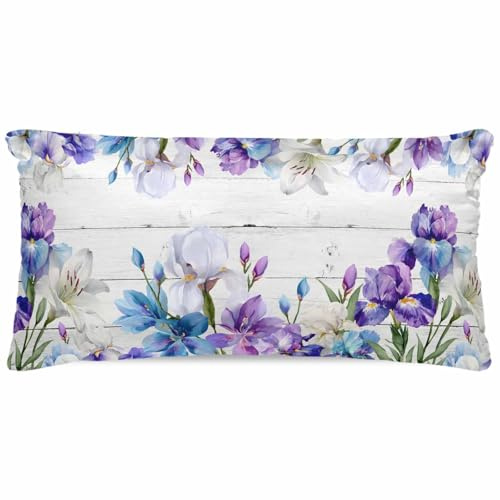 Gusidachig Spring Flowers Satin Pillowcase for Hair and Skin with Zipper, Soft Breathable Cooling Silk Pillow Cases, Watercolor Garden Florals Wooden Grain Throw Pillow Covers King Size 20x40