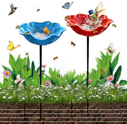2Pcs Metal Flowers Bird Bath with Stake 2026 New Flower-Shaped Birdbath Bowl Watering Feeder Station for Garden Weatherproof Handmade Colourful Bee Drinking Cups Decor for Outside
