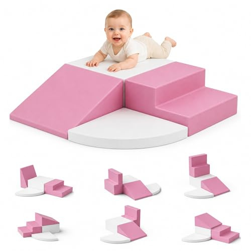 4 Blocchi di Costruzione per Arrampicata in Schiuma, Rosa/Bianco, Blocchi Morbidi Combinabili con Fissaggio, Giocattolo educativo per Bambini Piccoli, Interno e Asilo