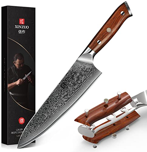 XINZUO Coltello da Cuoco Acciaio Damasco, Coltello da Chef 21cm Professionale Coltello Gyuto 10Cr15CoMoV Acciaio Damasco con Ergonomico Manico in Legno di Rosa- Yu Serie