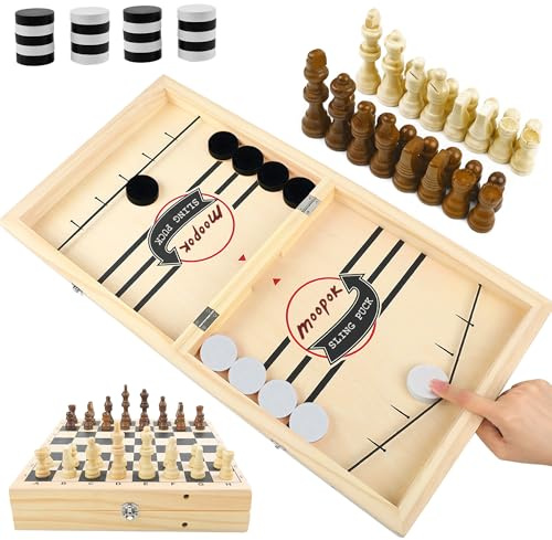 moopok Fast Sling Puck Game - 2 in1 Chess Board and Desktop Battle Super Winner Game,Fast Action Wooden Air Hockey Board Game,Adults and Kids Family Friend Funny Slingshot Game Toys