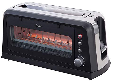 Jata TT632 Tostadora de Boca Ancha Frontal Cristal, Ranura de 255x 38 mm, 7 posiciones de tostado, Centrado automático del pan, Cuerpo toque frío, Descongela, Recogemigas, Mantiene Calor, 900 W
