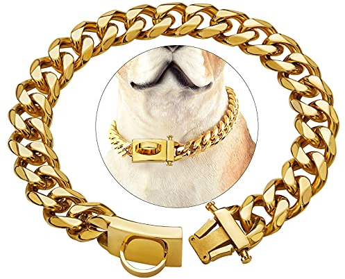 Hundehalsband aus Gold mit Schnalle für sicheres Design, kaufest, Leinenhalsband aus robuster Trainingskette aus rostfreiem Stahl (16'', Gold)