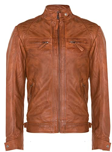 Infinity Leather Chaqueta Clásica para Hombre de Cuero Acolchado Marrón Claro Retro Vintage Estilo Motociclista L
