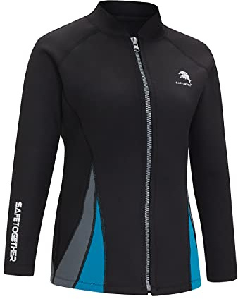 Dam 2 mm neopren våtdräkter topp – kvinnor våtdräkter jacka, främre dragkedja varm långärmad simning dykning surfing dykning dräkt topp (2XL, svart)