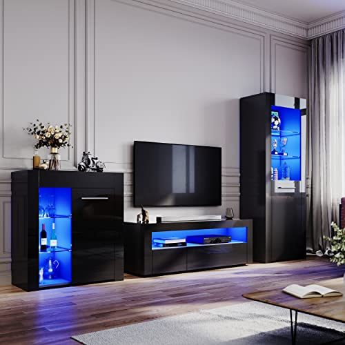 ELEGANT High Gloss Black Living Room Set TV Stand Sideboard Display Cabinet(165cm) Multicolour LED Lights,UK Power Adapter Included