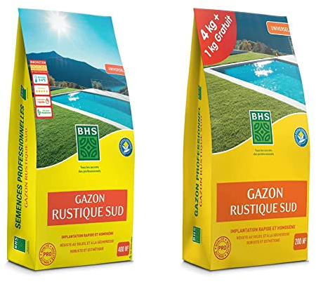 BHS GRS10, 10kg, 400 m², Gazon Rustique Sud, Gazon plus résistant et mieux protégé, Résistance aux conditions sèches grâce à la Fétuque élevée Homogène & GRSP4 Gazon Rustique Sud 5 kg | Soit 200 m²