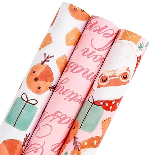 Holijolly Weihnachtspapierrolle - Minirolle - Weihnachtsmann/Rentier/ Weihnachtsgrüße Schriftzug für Geschenkpapier, DIY Bastelarbeiten - 43.2cm×305cm - 3 Rollen (42.5 sq.ft.ttl.)