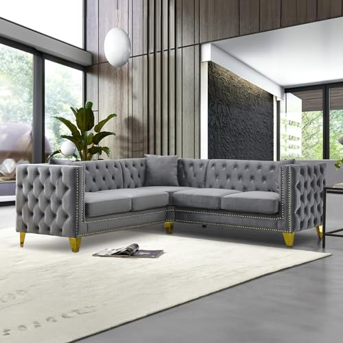 Velvet L Shaped Sofa Couch, Upholstered Sectional Couch with Tufted Back and Rivet Decoration, Modern 5 Seater Corner Sofa with Golden Tapered Legs and 3 Pillows, Comfy Couches for Living Room, Gray