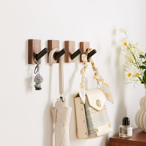 NIBNIE 4 Pack Walnut Wood Wall Hooks for Hanging, Adhesive & Drilling Mounted, Decorative Wooden Coat Hooks Wall Mount for Blanket Towel Robe Key Clothes Bag Hat Closet Backpack Holder Black Pegs