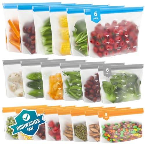 IDEATECH Reusable 20 Pack Freezer Silicone Bags Large Food Storage Stand Pouches BPA Free Fridge Dishwasher Safe for Cooking Sandwich Batch