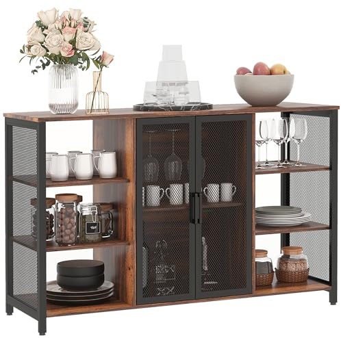 HOMCOM Aparador de Cocina Industrial Mueble Buffet Auxiliar con 6 Estantes Abiertos Porta Copas y Estante Ajustable para Bar Comedor 120x40x76 cm Marrón Rústico