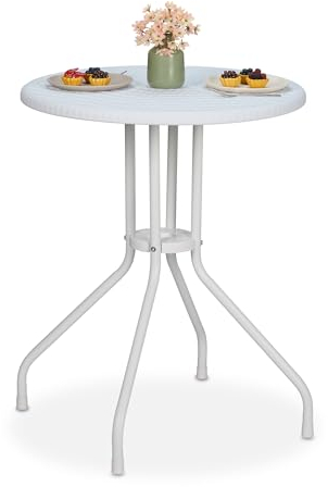 Relaxdays Gartentisch, H x D: 73 x 60 cm, Rattanoptik, Kunststoff & Stahl, Outdoor Esstisch, runder Balkontisch, weiß