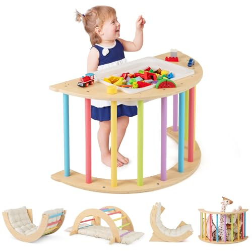 Costzon Wooden Arch Sensory Table for Kids, 6-in-1 Toddler Indoor Montessori Climbing Toys with Cushion, Foldable Storage Bin, Arch Climber Ladder Learning Playset for Kids Gift Presents