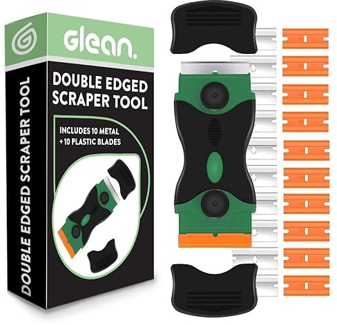 GLEAN Grattoir multi-surfaces anti-rayures | 10 lames métalliques + 10 lames en plastique | Outil grattoir pour plaques de cuisson en verre, céramique, fours et plus | Élimine les aliments brûlés, la