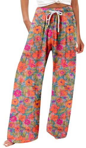 Boheme Pantalon Palazzo Femme Grande Taille Casual, Pantalon Large Fluide Ete Imprimé Bohème Vintage, Baggy Pantalons Taille Haute Elastique Toile été Boho Harem Avec Cordon Plage Yoga Décontracté