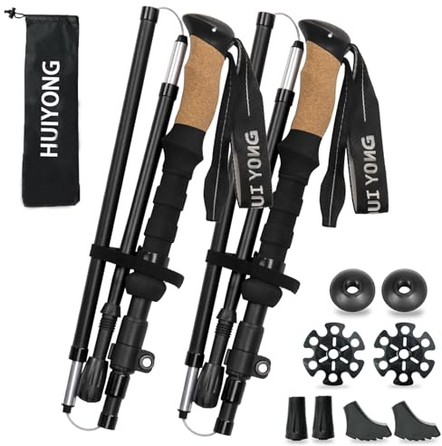 HUINING Bastones de senderismo con mango de corcho, plegables, telescópicos, bastones de marcha nórdica para hombre y mujer, bastones de trekking, ultraligeros de aluminio con muchos accesorios, 115
