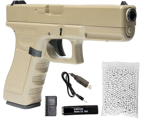 Pistola Softair Elettrica Glockk 17, con Batteria 500 mah, Caricabatterie, 1000 Pallini e Carichino Inclusi – Replica Airsoft Tattica in Plastica Resistente, Dim. 22x3x14 cm, potenza 0,7 joule (Tan)