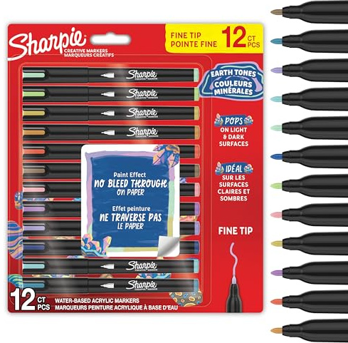 Sharpie Creative Marker Acrylic Paint Pens | Earth Tones | Fine Tip Water-Based Paint Markers | No-Bleed Ink Writes on Most Surfaces | Crafting & Art Supplies | Assorted Colours | 12 Count