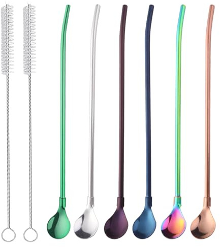 GWEOR 8 Piezas Cuchara de Filtro de Paja de Acero Inoxidable Extraíble, Cuchara de Paja de Metal Reutilizable de Limpieza para Beber Té Suelto, Café Helado