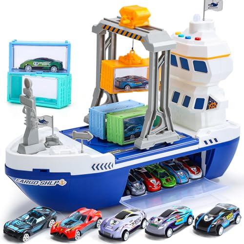 cute stone Cargo Ship Toy & Gantry Crane, Toy Boat and Crane Playset with Sounds & Lights, Transport Containers, Push and Go Vehicle Cars, Kids Play Boats for Boys Girls