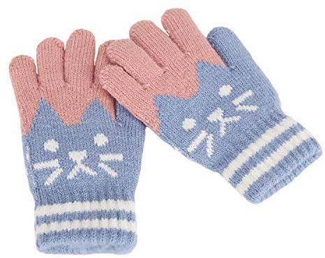 Gants Hiver Automne Chaud Mitaines Plein-doigts Tricot Moufles Extérieur Doublure Cachemire Thermique Chaton Imprimé Adorable Gloves Ski Snowboard Ecole Vélo Marche pour Enfant Fille Garçon 2-6 Ans