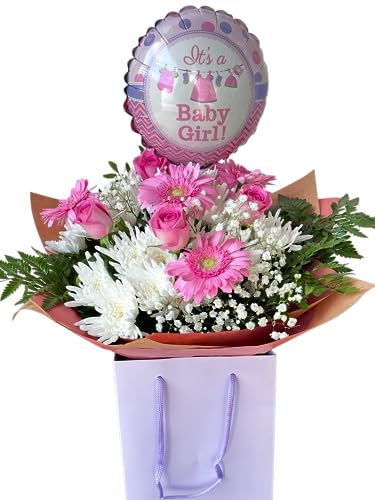 New Baby Girl Flower Bouquet with Pink Balloon, Fresh Roses, Gerberas, Chrysanthemums in Gift Bag Vase, Baby Shower Celebrations Welcome Newborn, Floral Delivery Arrangement
