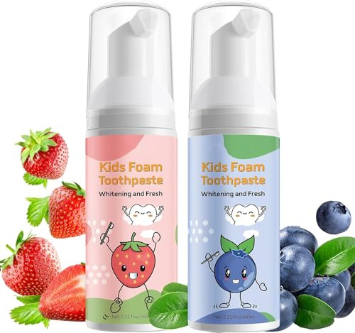 Foam Toothpaste Kids 2PCS, Toddler Toothpaste Cavity Protection 360º Care Natural, Teeth Whitening Toothpaste Fluoride Free for Electric & U-Shape Toothbrushes(Strawberry &Blueberry)