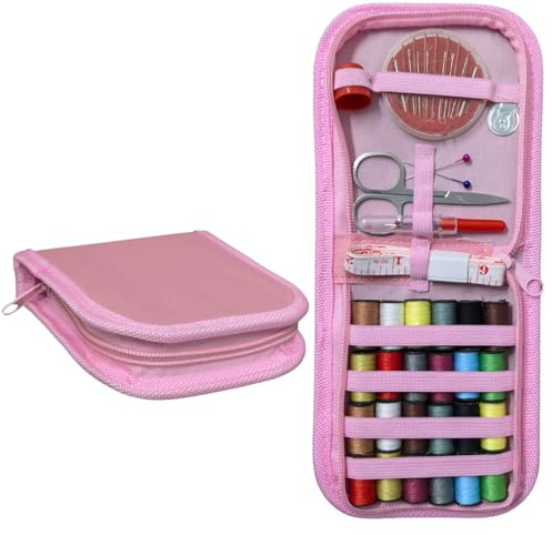 Travel Sewing Kit Mini Portable Clothes Repair Set with Needles and Thread | Compact Emergency Stitching Kit with Needles Thread Tape Pins and Pink Zip Case for Clothing Repairs Travel Home and Office