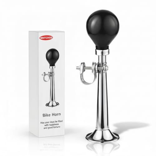 WHTCHSU Bike Horn for Adults, Classic Metal Squeeze Clown Horn, Loud Sound, Fits All Bicycle Handlebars（Silver Straight 7.87-Inch）