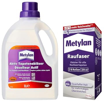 Metylan Raufaser, Tapetenkleister für Raufasertapete mit hoher Anfangsklebkraft (1x180g) & Metylan Tapetenablöser Aktiv-Konzentrat, löst schnell und problemlos (1x 1l)