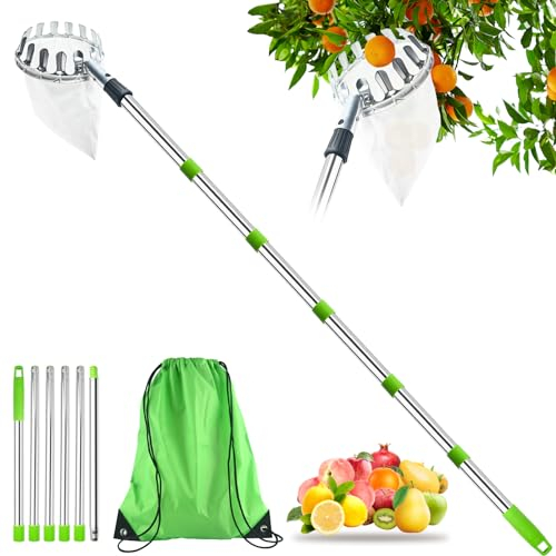 LINSOCLE Cueille Fruit Telescopique, Cueillette Cerise, Cueilleur de Fruits Amovible, 2.6m Ramasse Fruit de INOX Outils de Ramassage-portable, Stable et Efficace