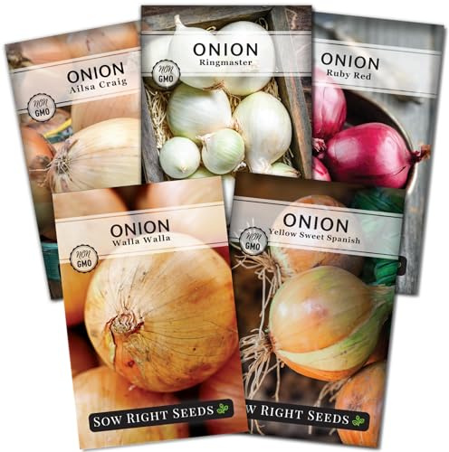Sow Right Seeds - Long Day Onion Seed Collection for Planting - Yellow Sweet Spanish, Ringmaster, Ruby Red, Ailsa Craig, Walla Walla - Non-GMO Heirloom Varieties to Plant a Home Vegetable Garden