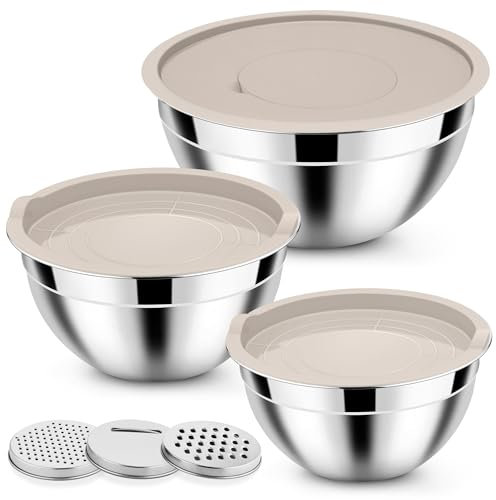 Homikit Rührschüssel Set, 3-tlg Edelstahl Schüssel Salatschüssel Set mit Luftdichtem Deckel, Khaki Schüsselset mit 3 Reibenaufsätzen für Küche zum Mischen & Verrühren, 1,6L / 2,8L / 4,6L, Stapelbar