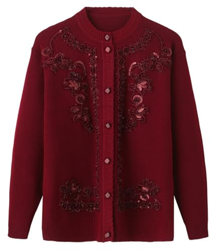 LLECDASEUI Grueso Cálido Suéter De Invierno De La Abuela Cardigan - Abrigo De Las Mujeres Edad Media Ancianos Madre Chaqueta De Punto, Clásico Chunky Invierno Señora Mayor De Punto (XL,Vino Rojo)
